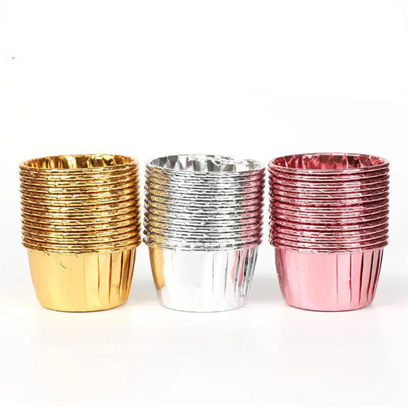 50PC Aluminum Foil Muffin Cupcake Paper Cups Gold Silver Cupcake Liner Baking Cups Tray Cases Wedding Caissettes Cupcake Wrapper