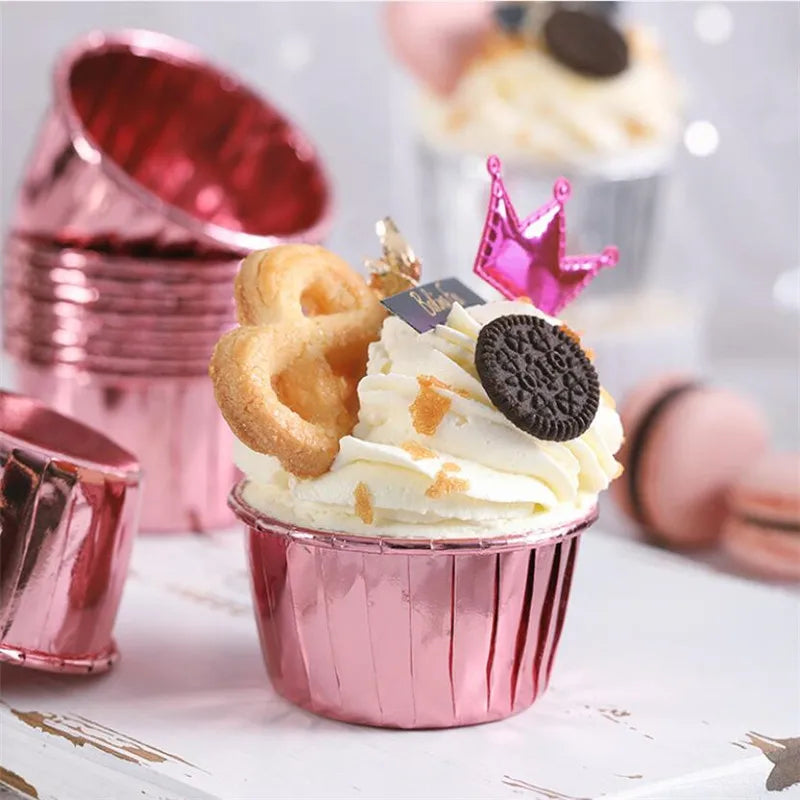 50PC Aluminum Foil Muffin Cupcake Paper Cups Gold Silver Cupcake Liner Baking Cups Tray Cases Wedding Caissettes Cupcake Wrapper