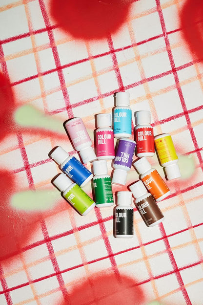 Oil Blend Kickstarter Lebensmittelfarben Auf Ölbasis - Lebensmittelfarben: Yellow, Orange, Red, Hot Pink, Baby Pink, Purple, Blac, Chocolate, Forest, Lime, Sky Blue, Royal - Set/12