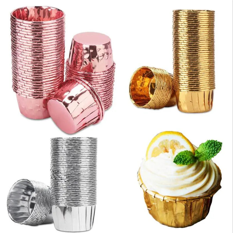 50PC Aluminum Foil Muffin Cupcake Paper Cups Gold Silver Cupcake Liner Baking Cups Tray Cases Wedding Caissettes Cupcake Wrapper